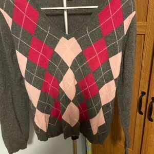 Michael Kors Cashmere V-Neck Sweater - Pink and Gray Argyle